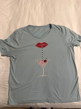 kate spade Pale Blue Short Sleeve Tee with Red Lips & Cherry Martini Graphic
